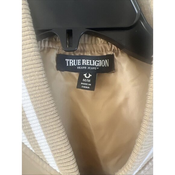 True Religion Varsity Patch Bomber Jacket Men Two Tone Beige/White SIZE Medium - Picture 2 of 13